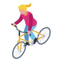 icono de ciclismo de niño feliz, estilo isométrico vector