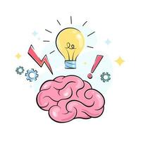 Brain, idea, creativity, geek illustration. Light bulb, mind, flash, insight drawing. vector