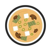 Top view illustration of vegan miso soup with mushroom tofu and seaweed. Vector stock illustration isolated on white background. Flat style