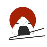 Cute onigiri in seaweed on red moon background with chopsticks illustration japanese food. Vector stock illustration isolated on white background. Outline style