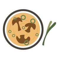 Top view illustration of vegan miso soup with mushroom and green onion. Vector stock illustration isolated on white background. Flat style