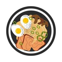 vista superior ilustración en color de deliciosa sopa de ramen con champiñones y carne. concepto de comida japonesa. ilustración de stock vectorial aislada sobre fondo blanco. estilo plano vector