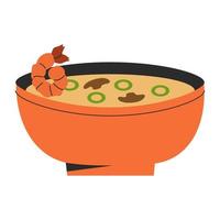 Delicious national miso soup korean food illustration in bowl with mushroom green onion shrimp. Vector stock illustration isolated on white background. Flat style