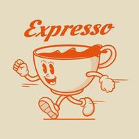 personaje de taza de café espresso, personaje de mascota retro vector