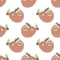 Funny sloth on branch. Vector seamless pattern on white background