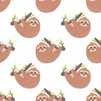 Funny sloth on branch. Vector seamless pattern on white background