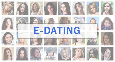 E-dating. The title text is depicted on the background of a coll photo