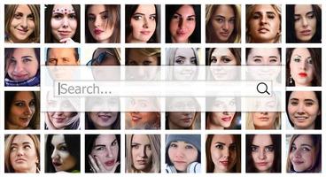 búsqueda. el texto se muestra en el cuadro de búsqueda en el fondo de un collage de muchos retratos femeninos cuadrados. el concepto de servicio para citas foto