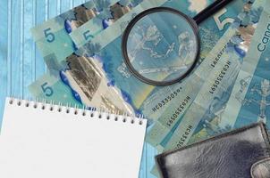 5 Canadian dollars bills and magnifying glass with black purse and notepad. Concept of counterfeit money. Search for differences in details on money bills to detect fake photo