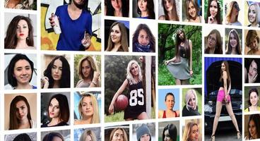 Collage group portraits of young caucasian girls for social medi photo