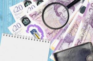 20 British pounds bills and magnifying glass with black purse and notepad. Concept of counterfeit money. Search for differences in details on money bills to detect fake photo