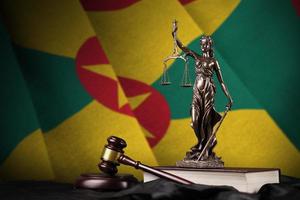 Grenada flag with statue of lady justice, constitution and judge hammer on black drapery. Concept of judgement and guilt photo