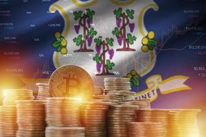 Connecticut US state flag and big amount of golden bitcoin coins and trading platform chart. Crypto currency photo