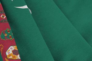 Turkmenistan flag with big folds waving close up under the studio light indoors. The official symbols and colors in banner photo