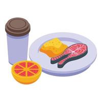 Lunch fish and coffee icon, isometric style vector