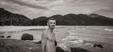 Tourist traveler Ilha Grande Lopes Mendes beach panorama Brazil. photo