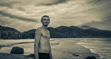 Tourist traveler Ilha Grande Lopes Mendes beach panorama Brazil. photo