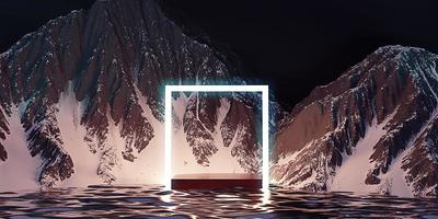 mountain and sea podium background Cosmetic stand and neon light stick water surface and mountain peak snow capped mountain peaks 3d illustration photo