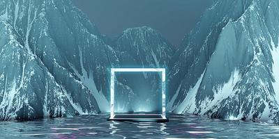 mountain and sea podium background Cosmetic stand and neon light stick water surface and mountain peak snow capped mountain peaks 3d illustration photo