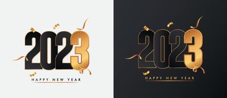 Happy New Year 2023 text design Vector illustration. Isolated on white and black background.