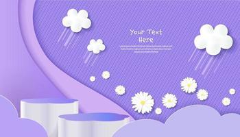 Stage podium decor with flower shapes, and clouds. 3d pedestal scene or platform for product stand. Vector illustration. Round podiums for product presentations.