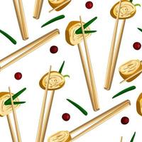 A pattern of Asian tamago omelet in Chinese sticks with a decoration of green onions and lingonberries. Seamless background with egg rolls. Suitable for printing on textiles and papers. Kitchen vector