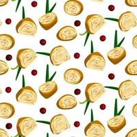 A pattern of Asian tamago omelet with a decoration of green onions and lingonberries. Seamless background with egg rolls. Suitable for printing on textiles and paper. Kitchen illustration vector