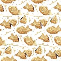 fondo de la cocina coreana llamado bungeoppang. comida coreana callejera en forma de pescado de fondo blanco. empanadas con relleno y garabatos. adecuado para la impresión en textiles y papel. vector