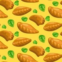 A pattern of falling Empanada pies and origano leaves. All on a yellow background. Suitable for printing a flyer, a banner for a holiday, packaging, any printed information. vector