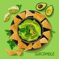 ilustración de comida mexicana con especias. un plato con salsa de guacamole y nachos con condimentos sobre un fondo verde con sombras. adecuado para la impresión en textiles y papel. pancarta, volante vector