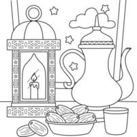 Ramadan Lantern, Tea and Dates Coloring Page vector