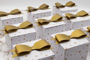 Christmas gift boxes isolated on marble background. Copy space for your text photo