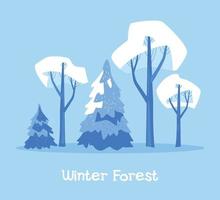 Trees and Christmas trees in the snow. Snow forest. Vector image.