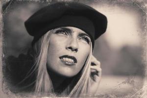 Image with old style portrait of blond woman photo