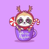 Cute sloth wearing hat in cup, for the new year and for christmas cartoon illustration. vector