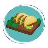 Three appetizing tacos on a wooden plate with herbs and lime. Traditional Mexican cuisine. Street food, fast food. Vector illustration.