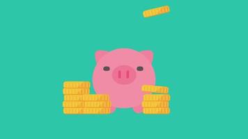 Gold coins fall into the piggy bank. savings concept Saving for retirement. 2D animation with alpha channel video