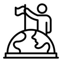 Man puts a flag on a globe icon, outline style vector