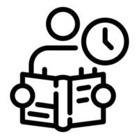 hombre con un libro y un icono de reloj, estilo de esquema vector