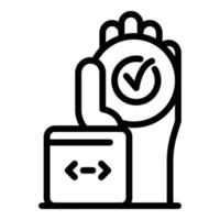 Check mark in the hand icon, outline style vector