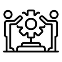 Two men holding cog icon, outline style vector