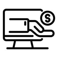 Coin on the palm of the screen icon, outline style vector