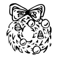 Doodle Wreath Christmas. White and black. Vector illustration. Coloring page