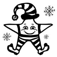 Doodle Christmas funny star in striped panties, boots and cap. White and black. Vector illustration.