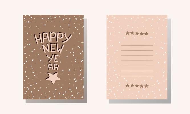 Postcards Happy New Year with star. Beige and pink. Cover and back for card. Vector illustration.