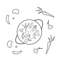 Coloring page Asian food. Vector illustration. Wok hot frying pan with herbs mushrooms, vegetables