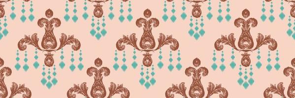 Ikat Damask Scandinavian embroidery, ikat seamless pattern tribal background, Ancient style Digital textile Asian Design ancient art for Prints Fabric saree Mughal Swaths texture Kurti Kurtis Kurtas vector