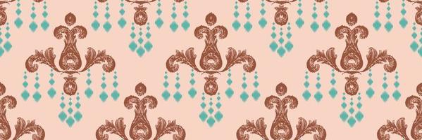 bordado escandinavo de damasco ikat, fondo tribal de patrones sin fisuras ikat, estilo antiguo textil digital diseño asiático arte antiguo para estampados tela saree mughal franjas textura kurti kurtis kurtas vector