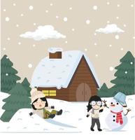 casa en invierno con niño en la nieve vector