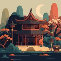 illustration of asian Chinese Japan temple castle and mountains background